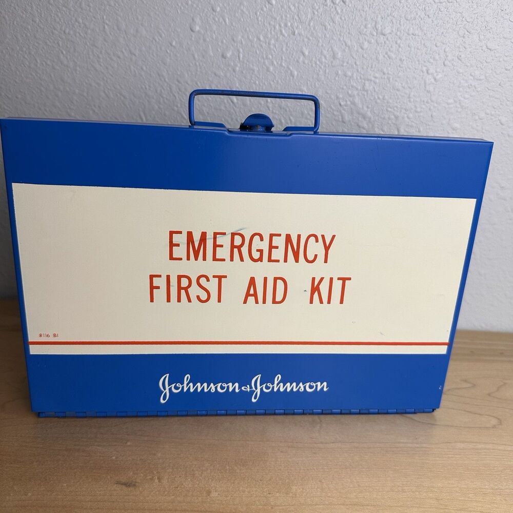 Vintage Johnson & Johnson 8116 Emergency First Aid Kit Metal Case w/ Contents